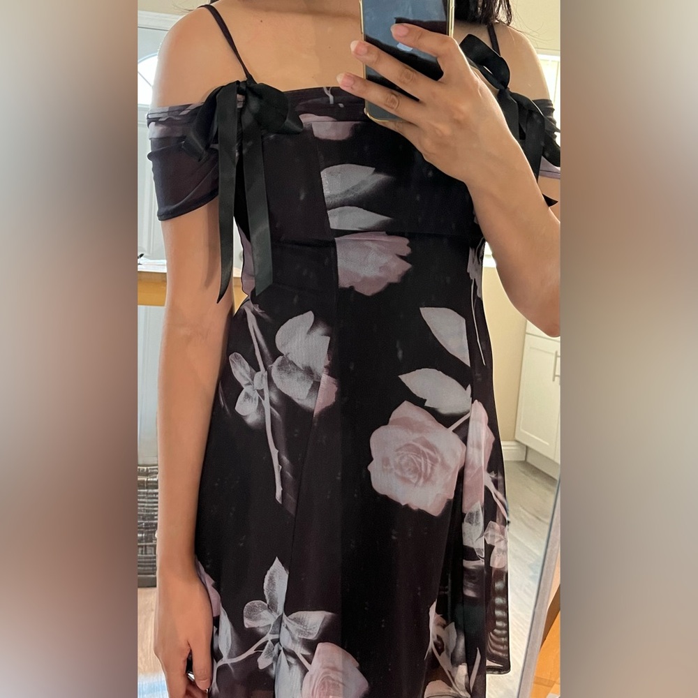 Off the Shoulder Floral Black Dress with Bows